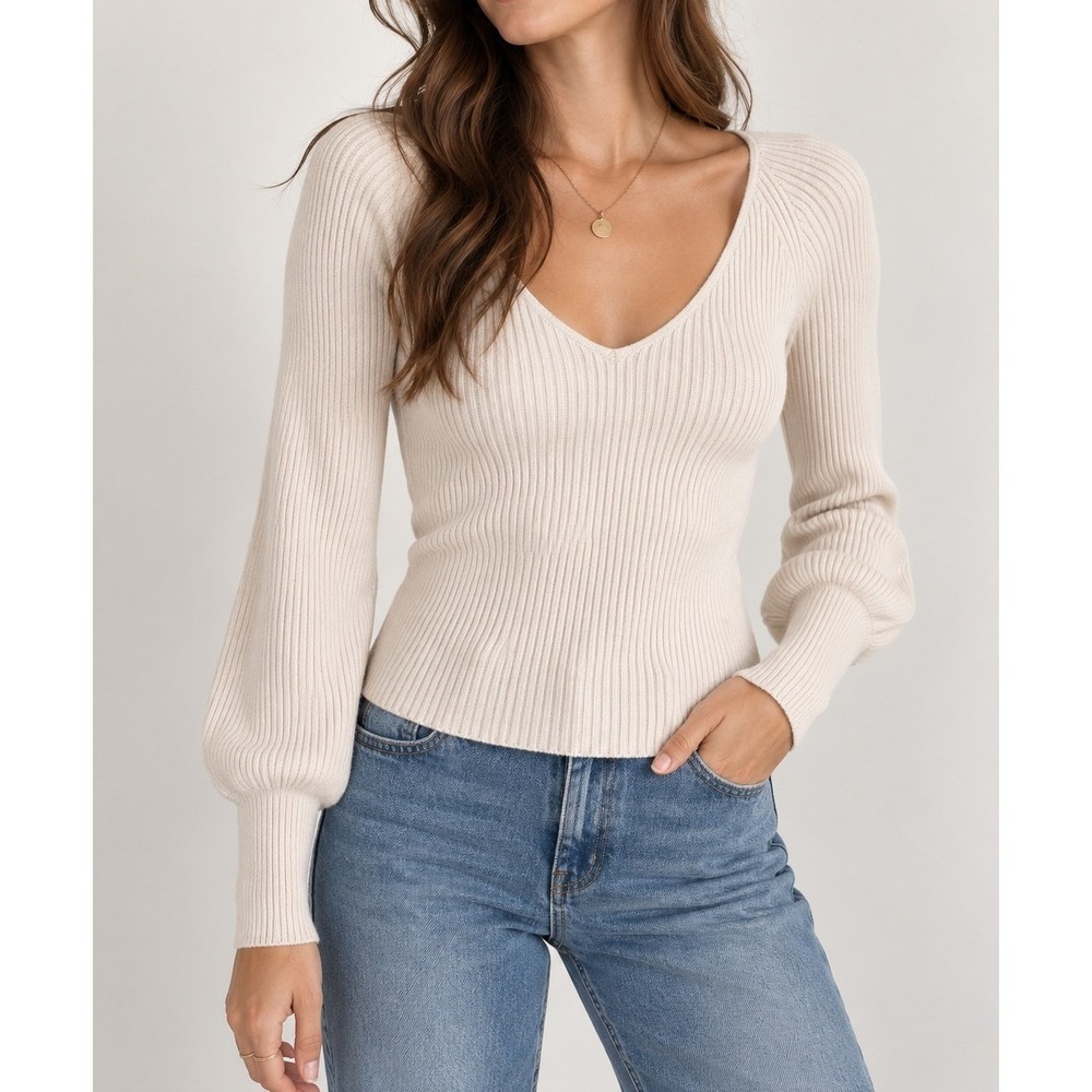 Reformation Cashmere Ribbed V-Neck Balloon Sleeve Sweater Cream Ivory XS